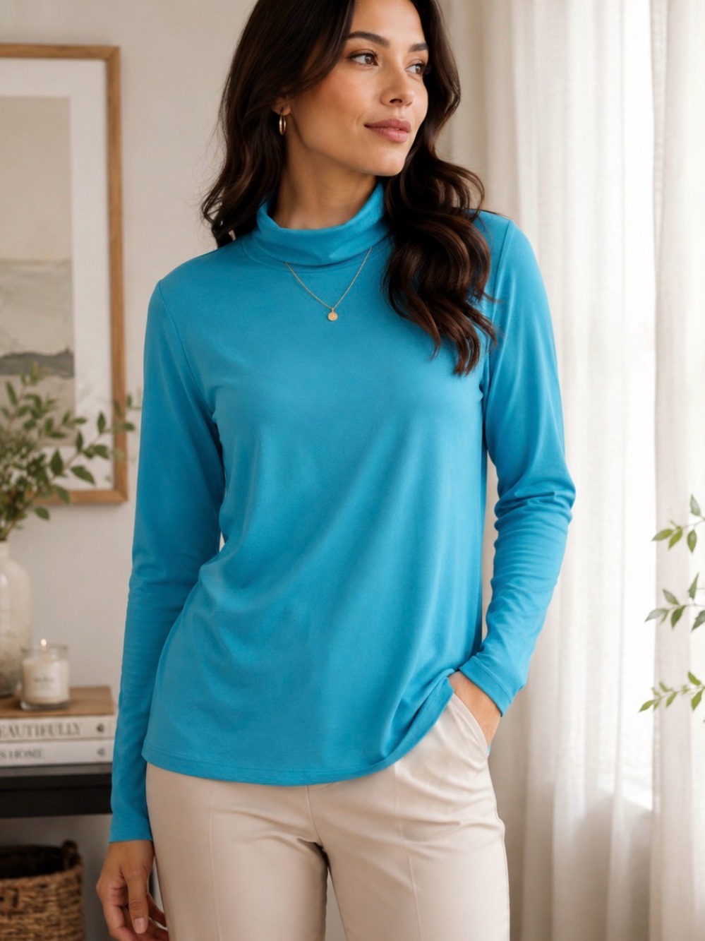 Kim Rogers Teal Long-Sleeve Mock Neck Top